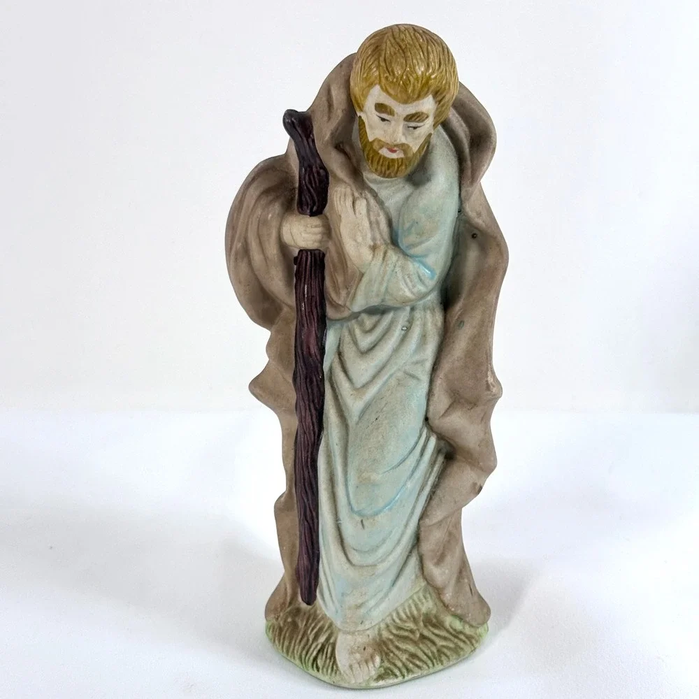 Saint Joseph Nativity Figurine Brown Blue Ceramic Standing with Staff